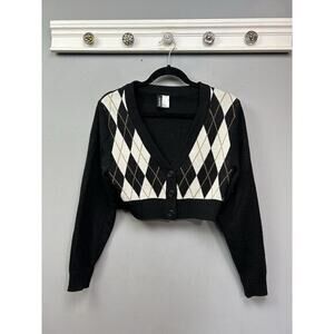 H&M Divided Black Argyle Cropped Cardigan Sweater Womens XS‎
